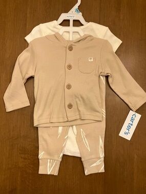 6M Carter's Gender Neutral Beige Hooded Button Cardigan, Pants, Bodysuit Set